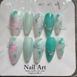 Press On Nails Medium Almond Green‎ Marble Silver Accent Nail Art